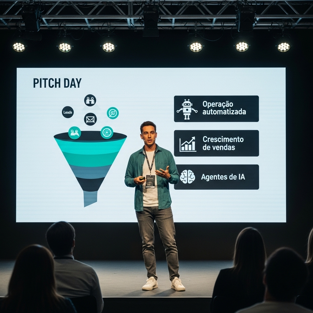 Imagem de um empreendedor dando um pitch sobre seu negócio,  com operação automatizada, crescimento de vendas e agentes de IA